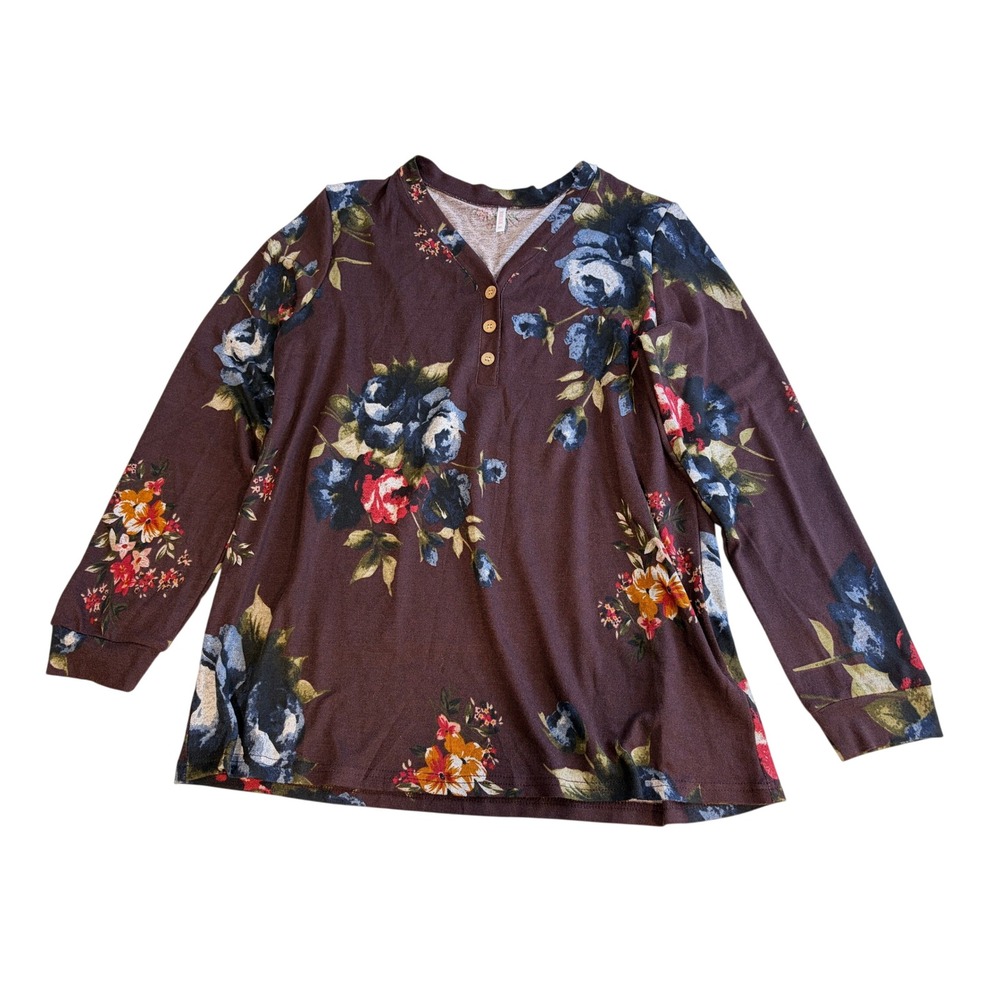 BISHUIGE Womens Floral Henley Top Long Sleeve V-Neck Burgundy W/ Buttons Size XL